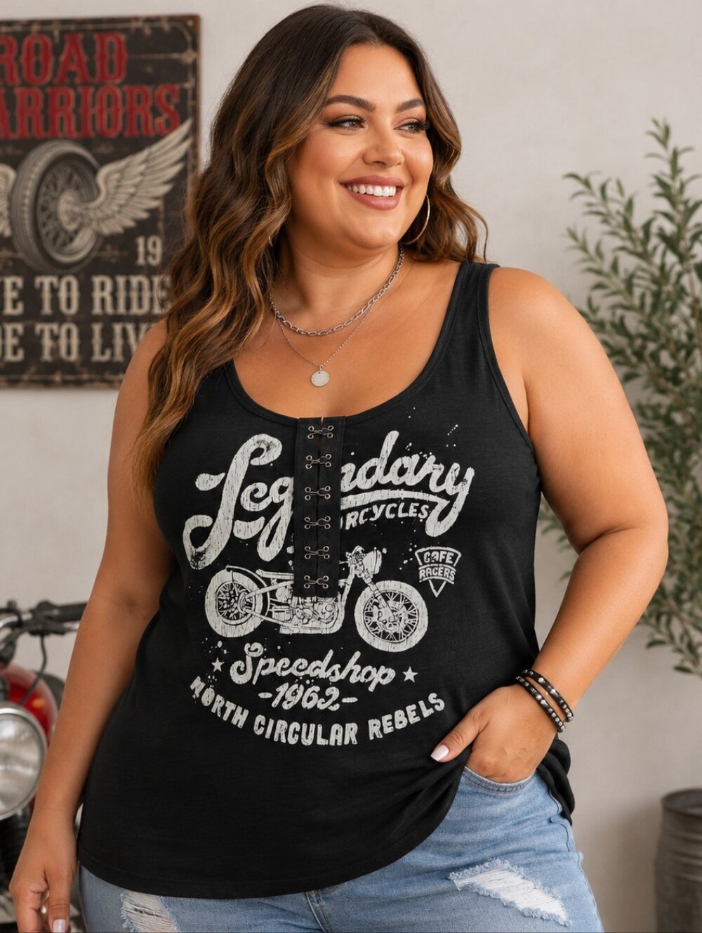 🏍️ Torrid Vintage Black Motorcycle Graphic Hook & Eye Tank Top Size 2